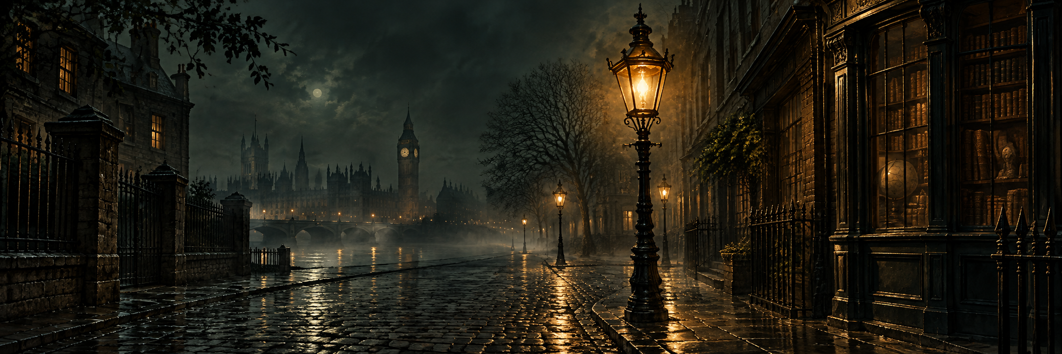 A Victorian gaslamp casts warm amber light across a dark, misty cobblestone street